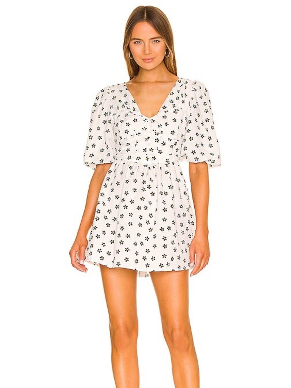 For Love & Lemons White Mini Dress with Black and Yellow Floral Print